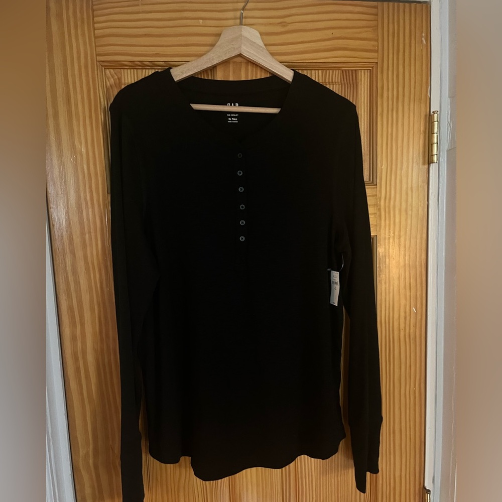 NWT Gap Black Ribbed Henley Long Sleeve T-shirt Size XL Tall